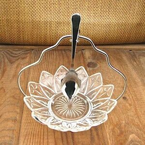 Vintage Pressed Glass Sugar or Jam Dish and Cradle with Hanging Spoon